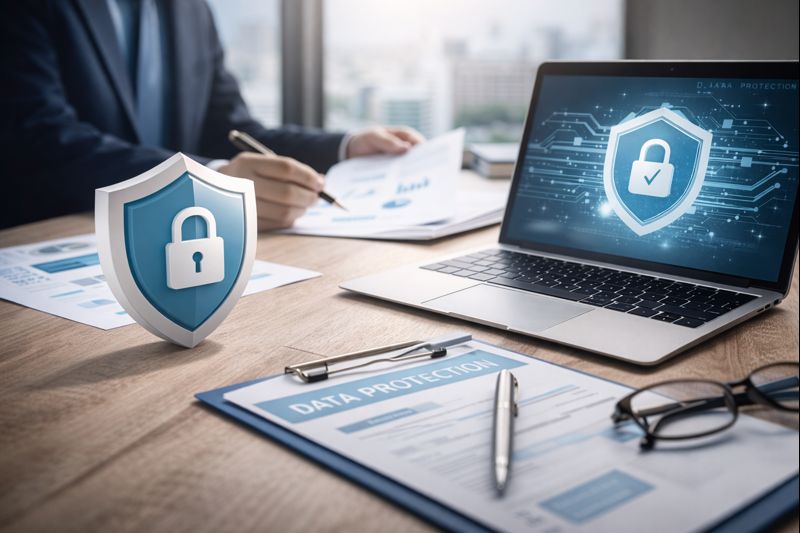 Professionelles Hero-Bild fuer Datenschutzmanagement-Branche, hochaufloesend, moderne Atmosphaere, inspirierende Stimmung, Firmenfarben in dezenten Nuancen