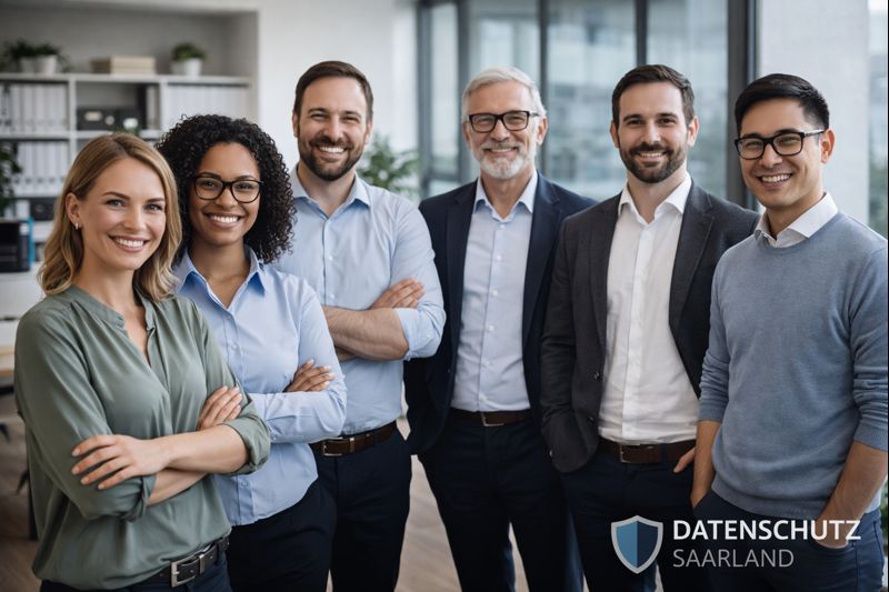 Professionelles Team-Foto der Datenschutz Saarland Experten, diverse Gruppe von Mitarbeitenden im Buero, laechelnd, moderne Arbeitsumgebung, natuerliches Licht